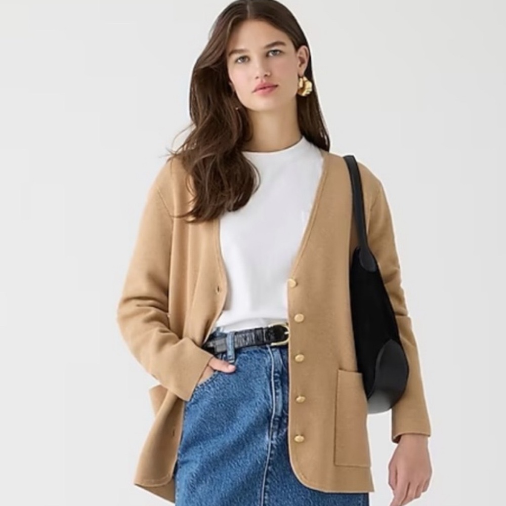 🆕 J. Crew Giselle V-neck Sweater Blazer Large Heather Khaki NWT New! Jacket Tan